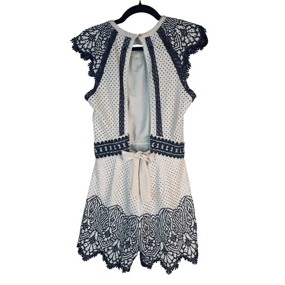 Saylor Ivory & Navy M Lace Embroidered Romper Open Back & Ribbon Tie Detail - Picture 7 of 15